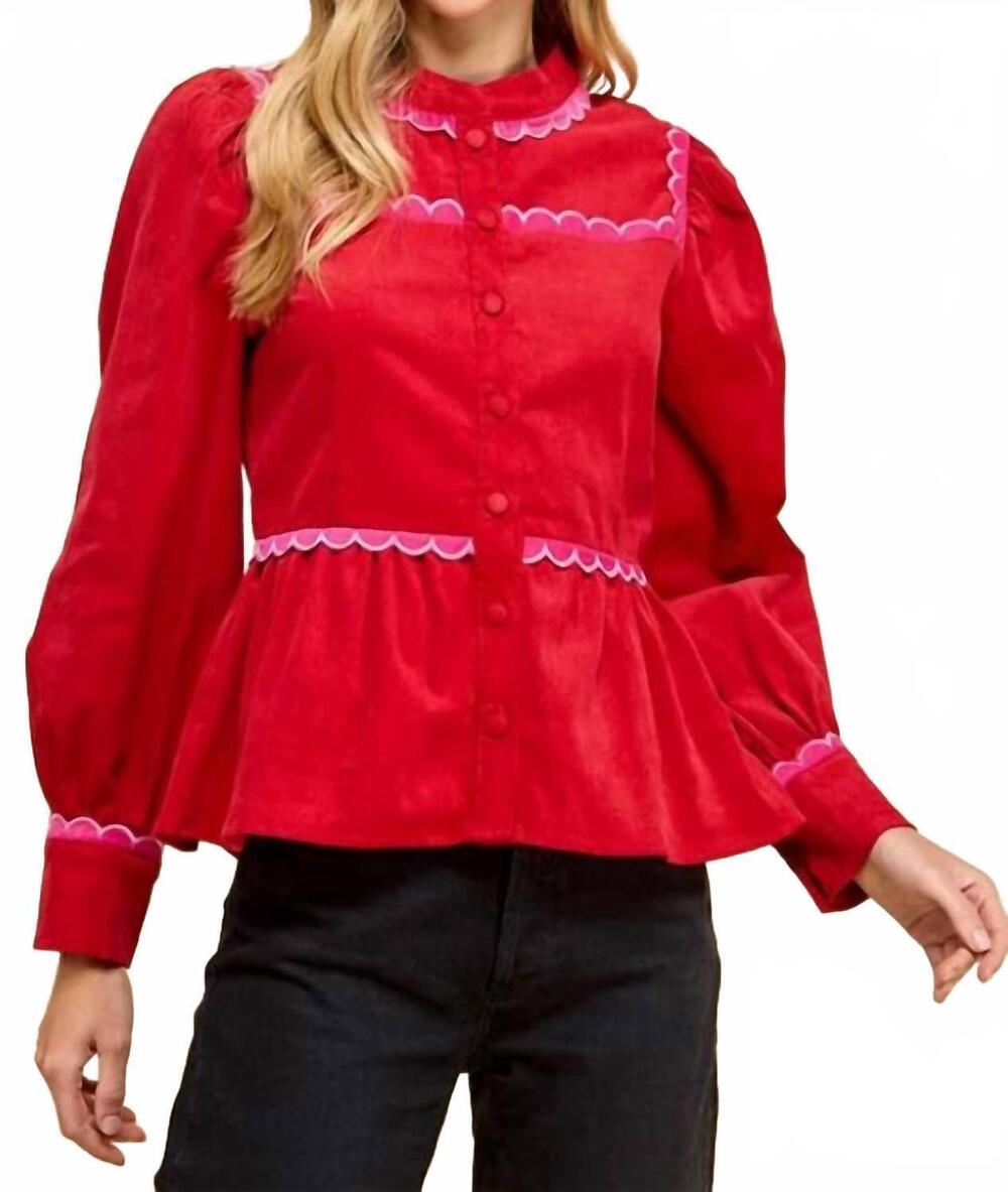 NEW TCEC women's corduroy scallop detail button up top in red